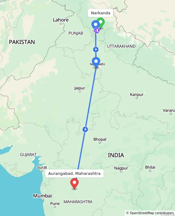 Route map showing distance and travel time from Narkanda, India to Aurangabad, Maharashtra, India