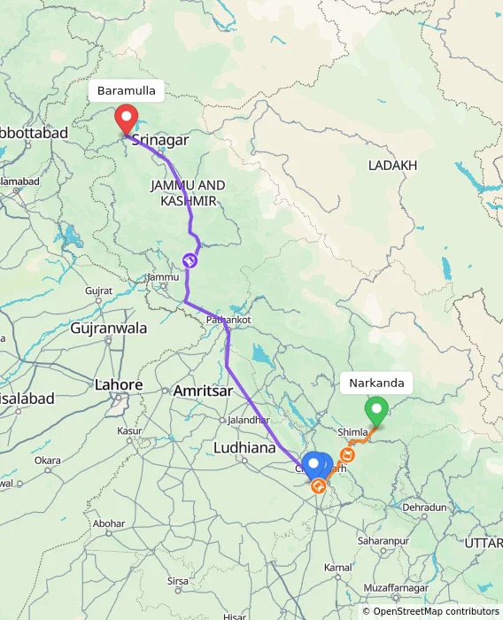 Route map showing distance and travel time from Narkanda, India to Baramulla, India