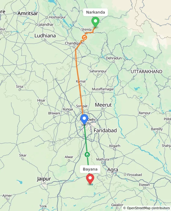 Route map showing distance and travel time from Narkanda, India to Bayana, India