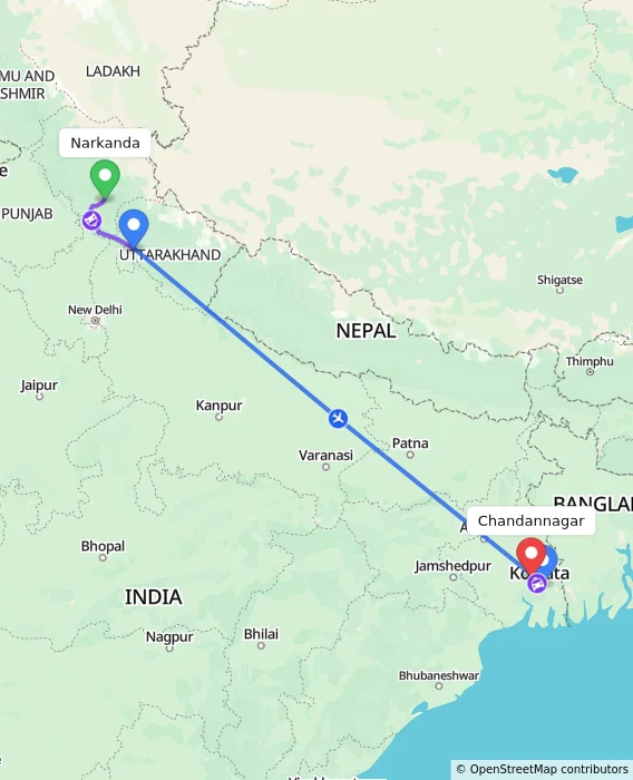 Route map showing distance and travel time from Narkanda, India to Chandannagar, India
