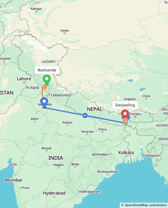 Route map showing distance and travel time from Narkanda, India to Darjeeling, India
