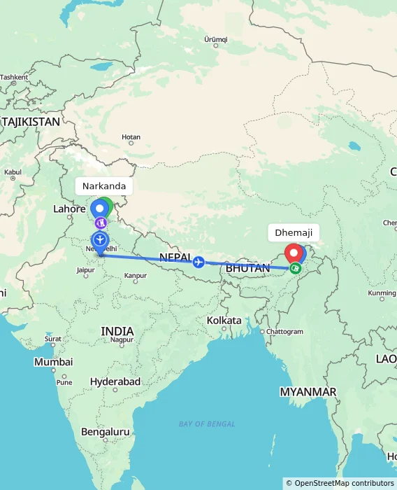 Route map showing distance and travel time from Narkanda, India to Dhemaji, India