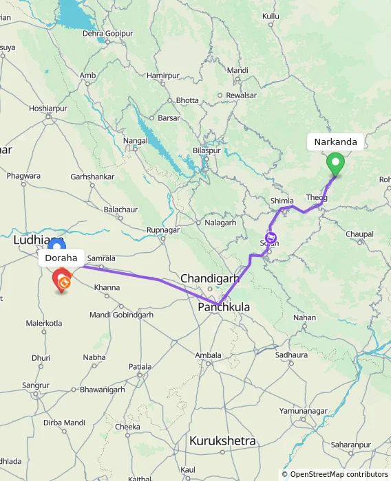 Route map showing distance and travel time from Narkanda, India to Doraha, India