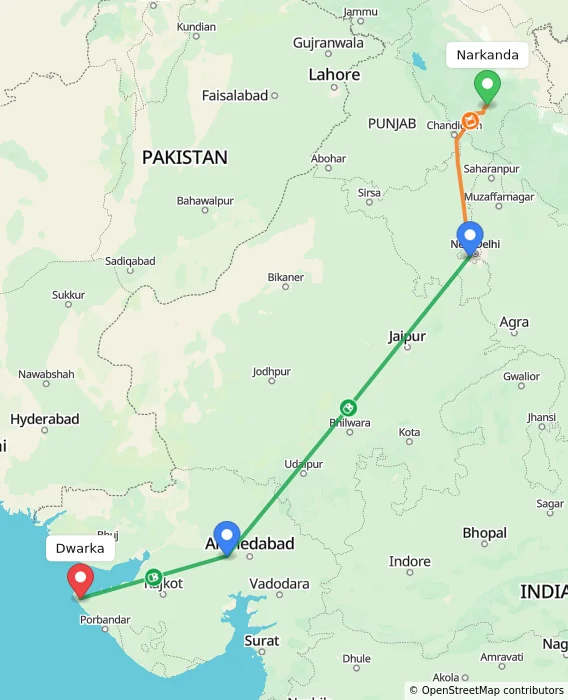 Route map showing distance and travel time from Narkanda, India to Dwarka, India