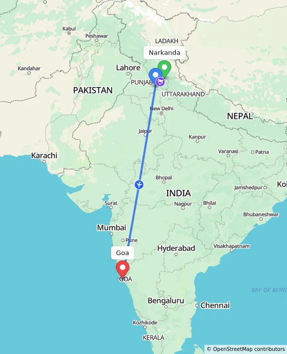 Route map showing distance and travel time from Narkanda, India to Goa, India