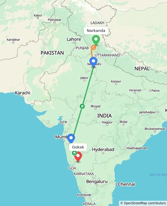 Route map showing distance and travel time from Narkanda, India to Gokak, India