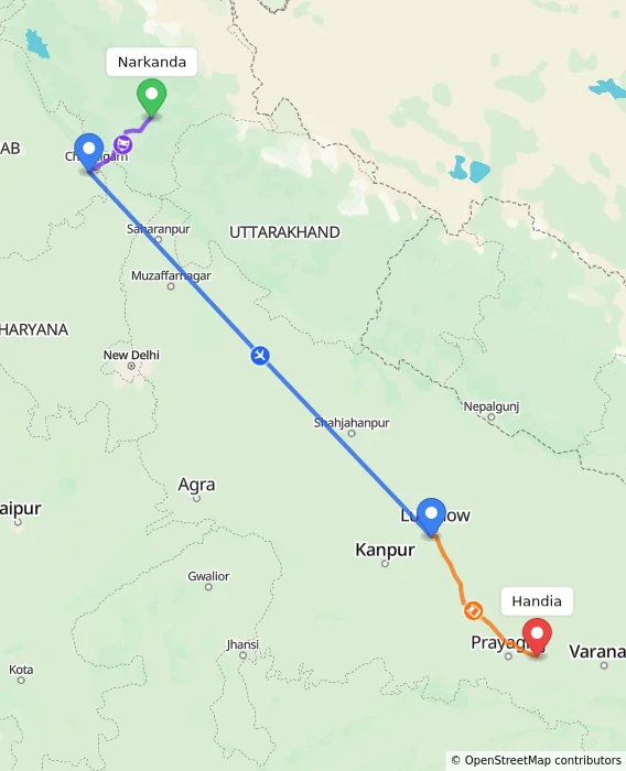 Route map showing distance and travel time from Narkanda, India to Handia, India