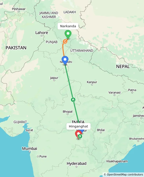 Route map showing distance and travel time from Narkanda, India to Hinganghat, India