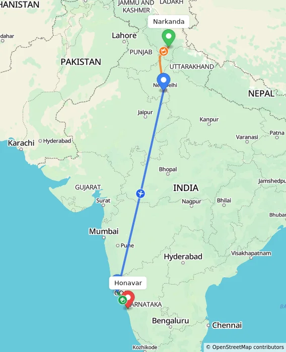 Route map showing distance and travel time from Narkanda, India to Honavar, India