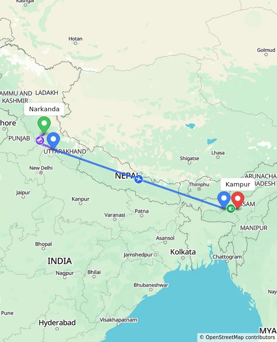 Route map showing distance and travel time from Narkanda, India to Kampur, India