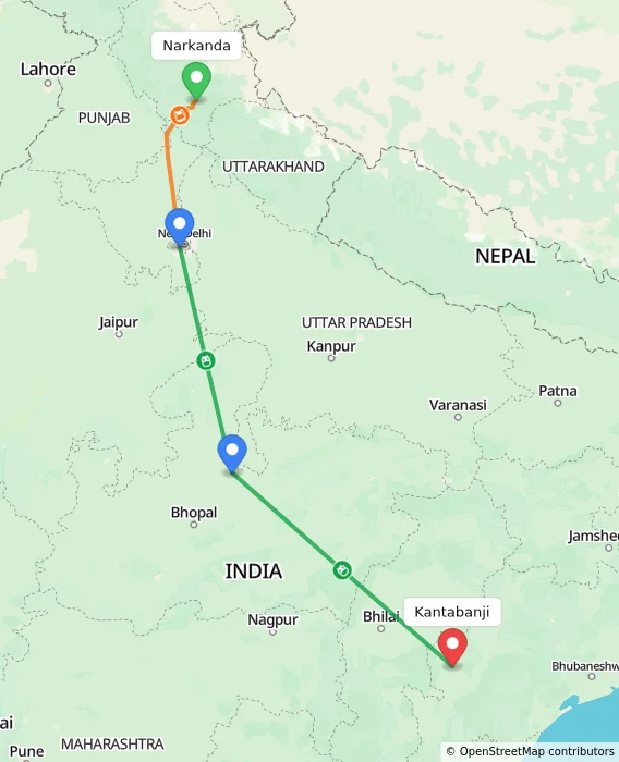 Route map showing distance and travel time from Narkanda, India to Kantabanji, India