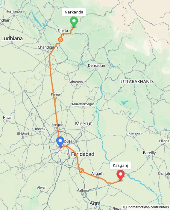 Route map showing distance and travel time from Narkanda, India to Kasganj, India