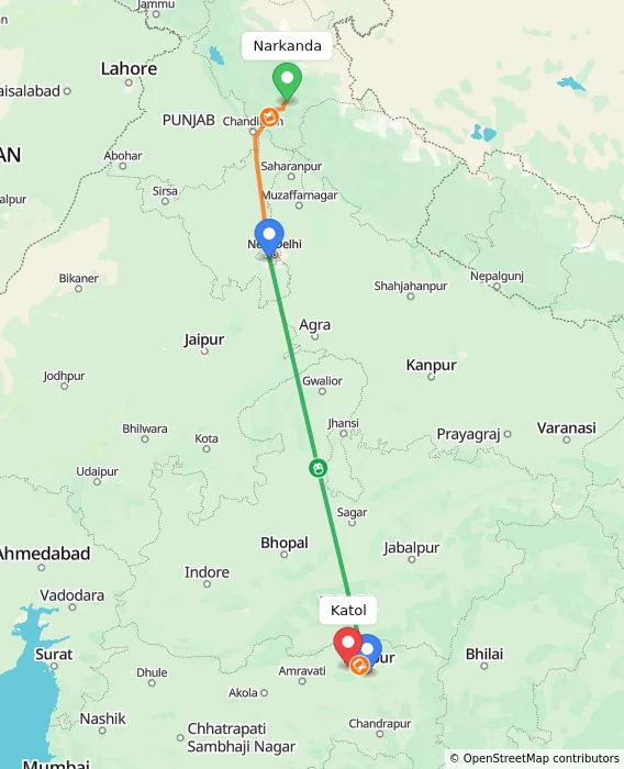 Route map showing distance and travel time from Narkanda, India to Katol, India