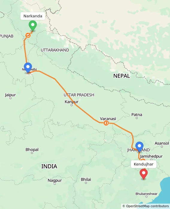 Route map showing distance and travel time from Narkanda, India to Kendujhar, India