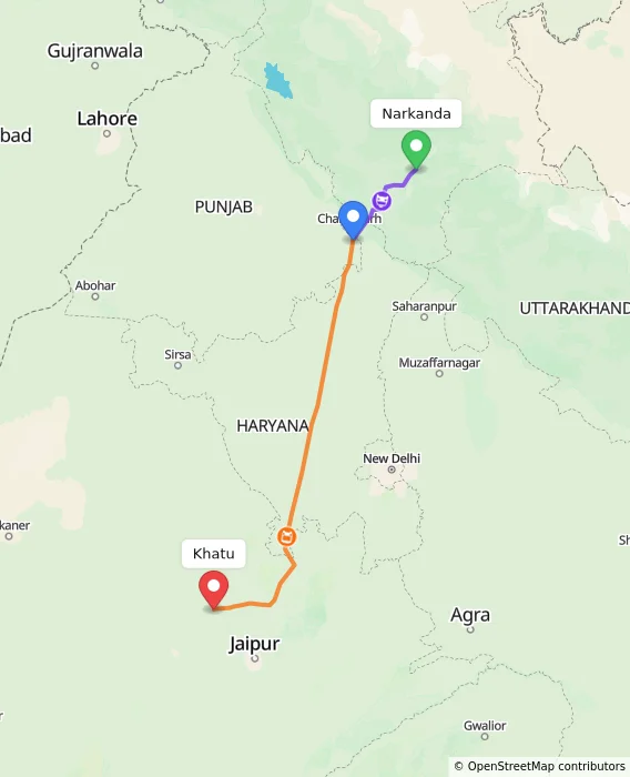 Route map showing distance and travel time from Narkanda, India to Khatu, India