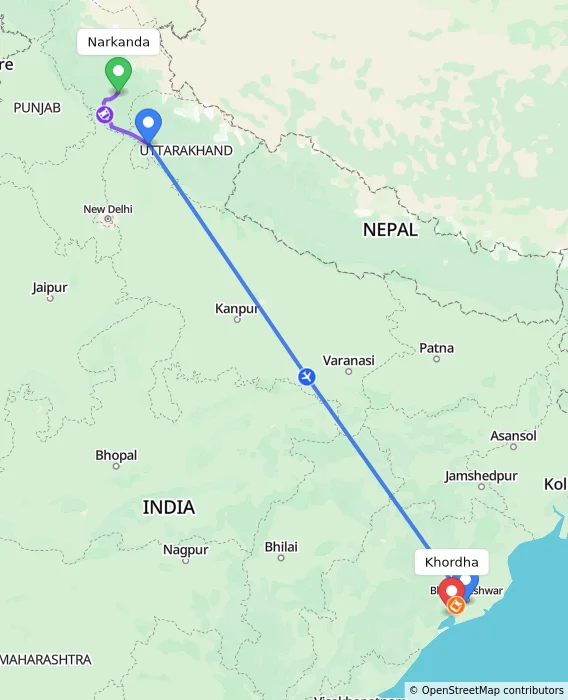 Route map showing distance and travel time from Narkanda, India to Khordha, India