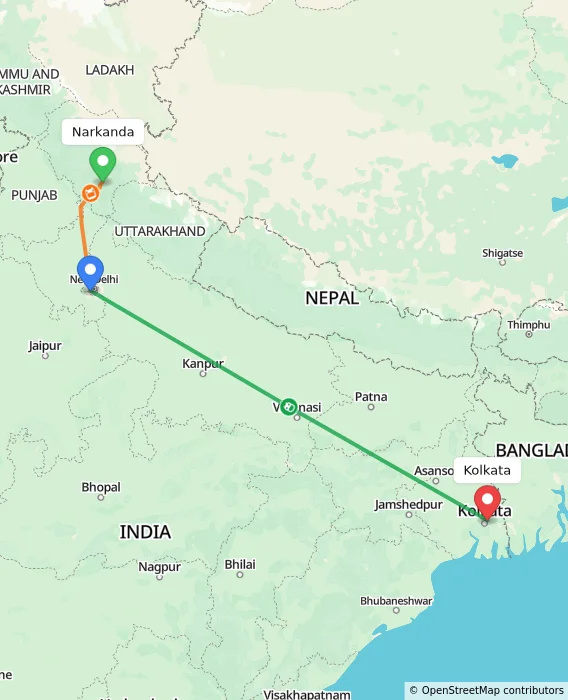 Route map showing distance and travel time from Narkanda, India to Kolkata, India