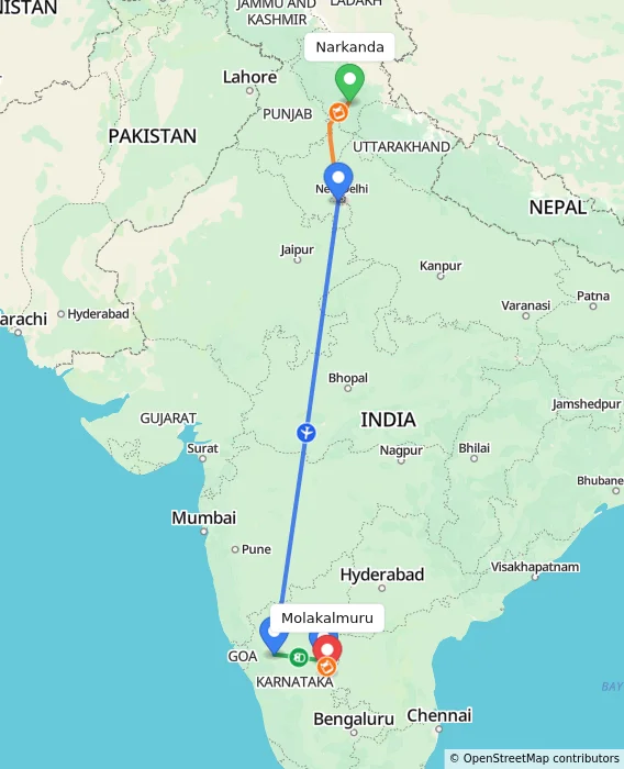 Route map showing distance and travel time from Narkanda, India to Molakalmuru, India