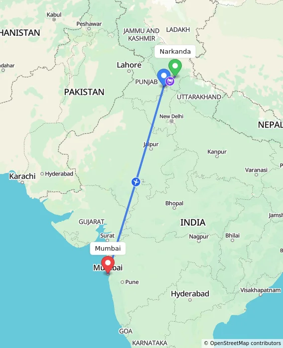 Route map showing distance and travel time from Narkanda, India to Mumbai, India