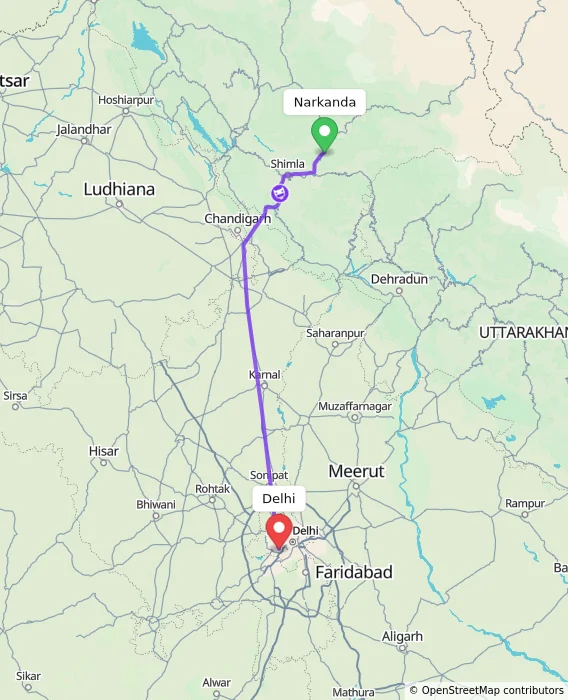 Route map showing distance and travel time from Narkanda, India to Delhi, India