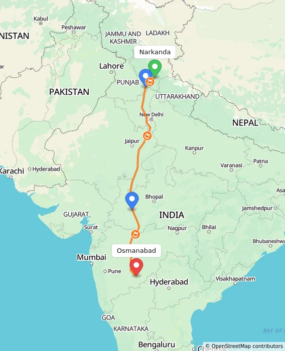 Route map showing distance and travel time from Narkanda, India to Osmanabad, India