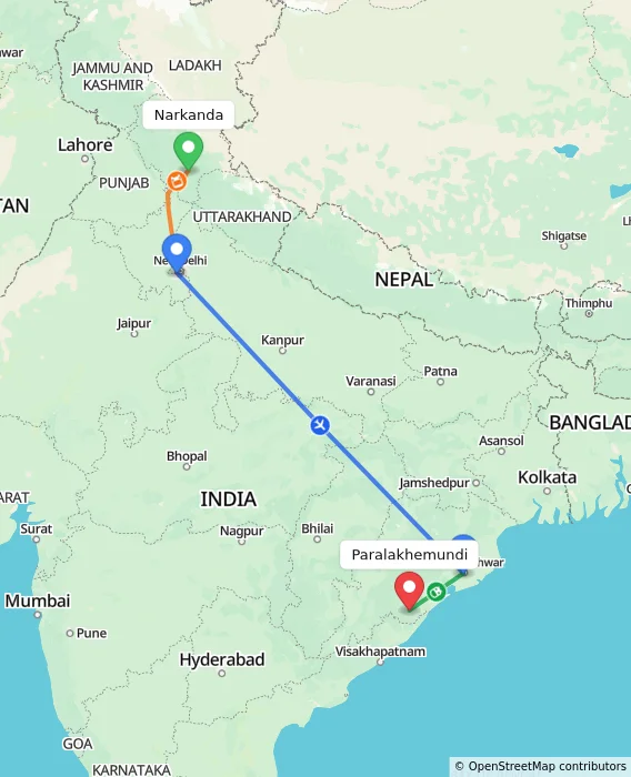 Route map showing distance and travel time from Narkanda, India to Paralakhemundi, India