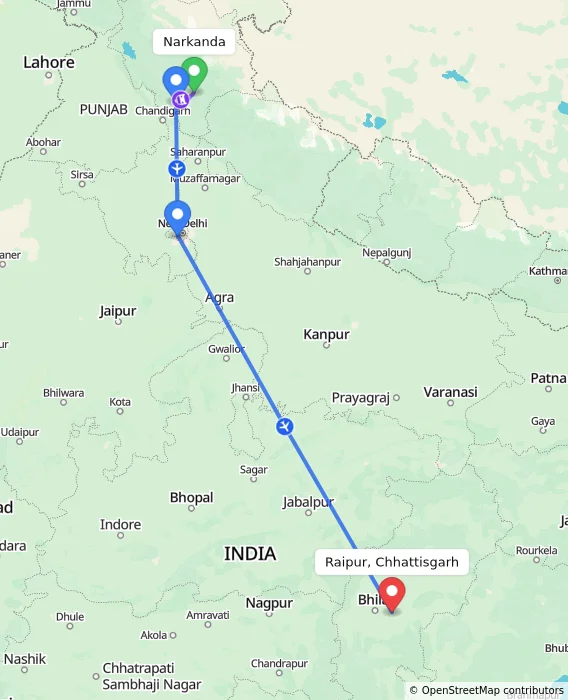 Route map showing distance and travel time from Narkanda, India to Raipur, Chhattisgarh, India