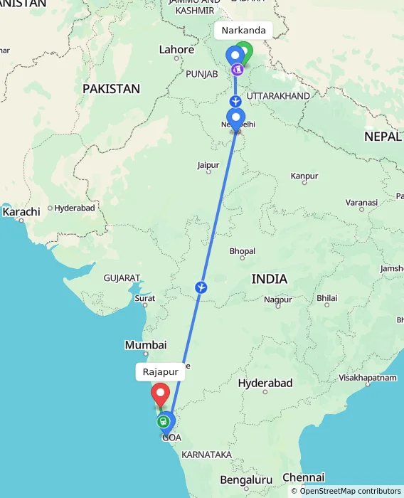 Route map showing distance and travel time from Narkanda, India to Rajapur, India