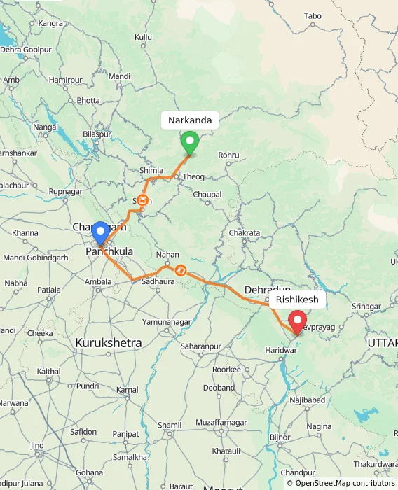 Route map showing distance and travel time from Narkanda, India to Rishikesh, India
