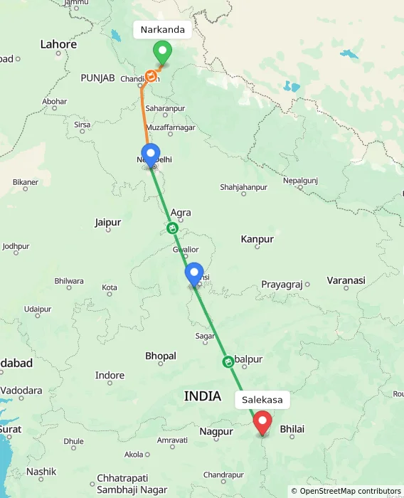 Route map showing distance and travel time from Narkanda, India to Salekasa, India