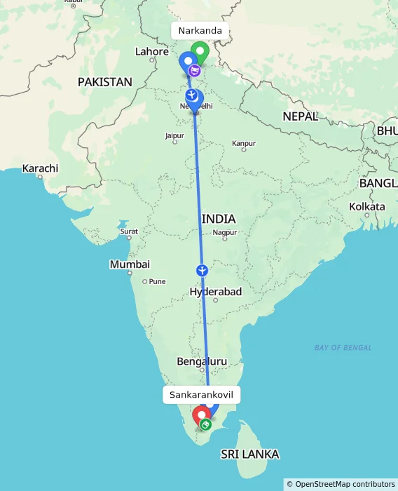 Route map showing distance and travel time from Narkanda, India to Sankarankovil, India