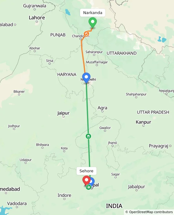Route map showing distance and travel time from Narkanda, India to Sehore, India
