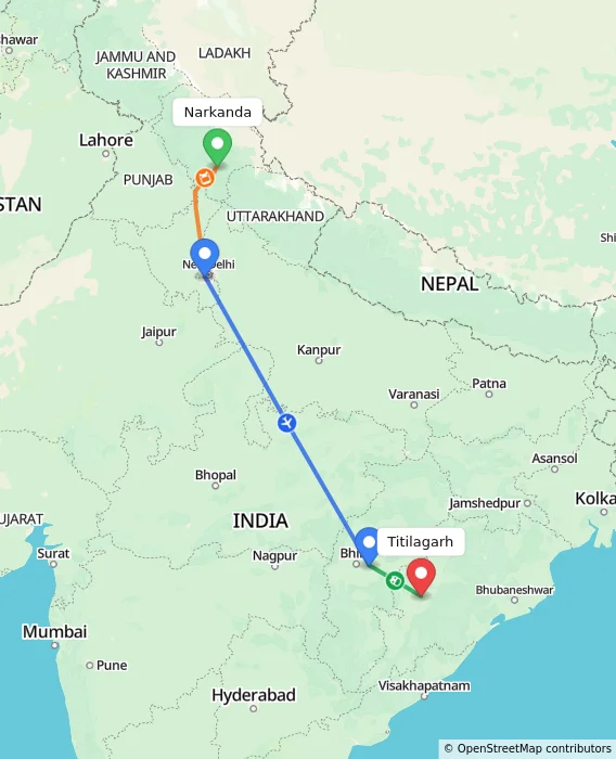 Route map showing distance and travel time from Narkanda, India to Titilagarh, India