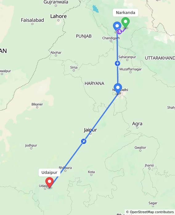 Route map showing distance and travel time from Narkanda, India to Udaipur, India