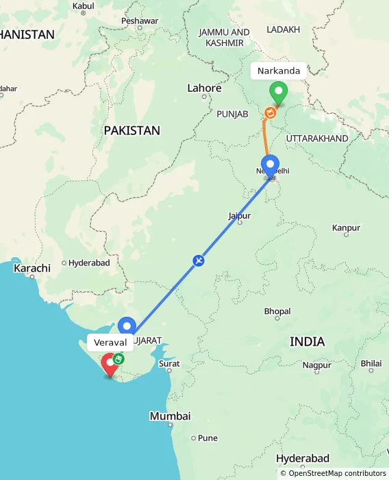 Route map showing distance and travel time from Narkanda, India to Veraval, India