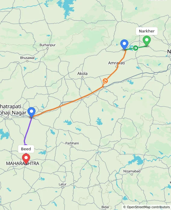Route map showing distance and travel time from Narkher, India to Beed, India