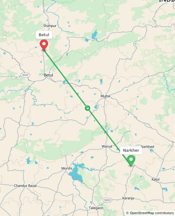 Route map showing distance and travel time from Narkher, India to Betul, India