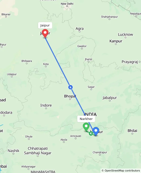 Route map showing distance and travel time from Narkher, India to Jaipur, India