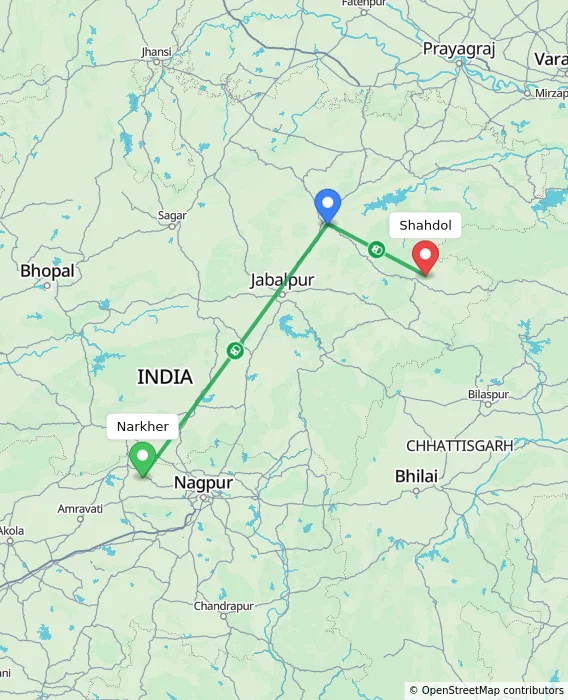 Route map showing distance and travel time from Narkher, India to Shahdol, India