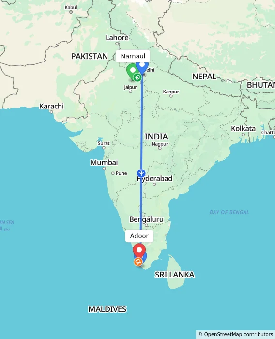 Route map showing distance and travel time from Narnaul, India to Adoor, India