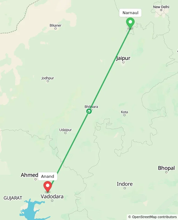 Route map showing distance and travel time from Narnaul, India to Anand, India
