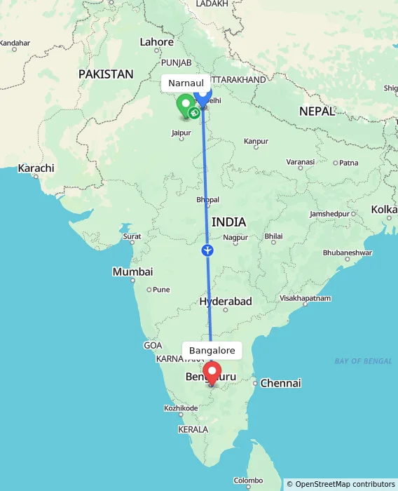Route map showing distance and travel time from Narnaul, India to Bangalore, India