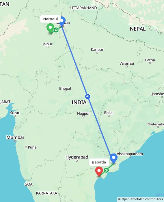 Route map showing distance and travel time from Narnaul, India to Bapatla, India