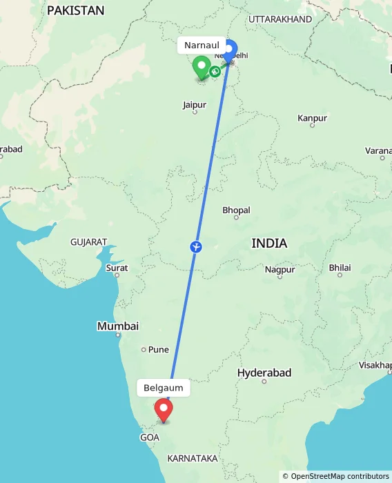 Route map showing distance and travel time from Narnaul, India to Belgaum, India