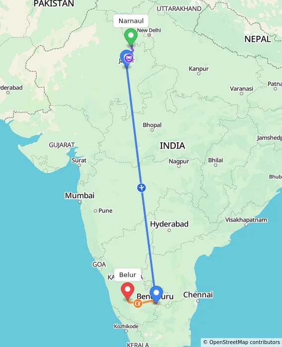 Route map showing distance and travel time from Narnaul, India to Belur, India