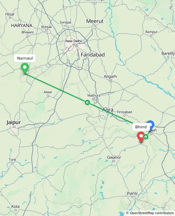 Route map showing distance and travel time from Narnaul, India to Bhind, India