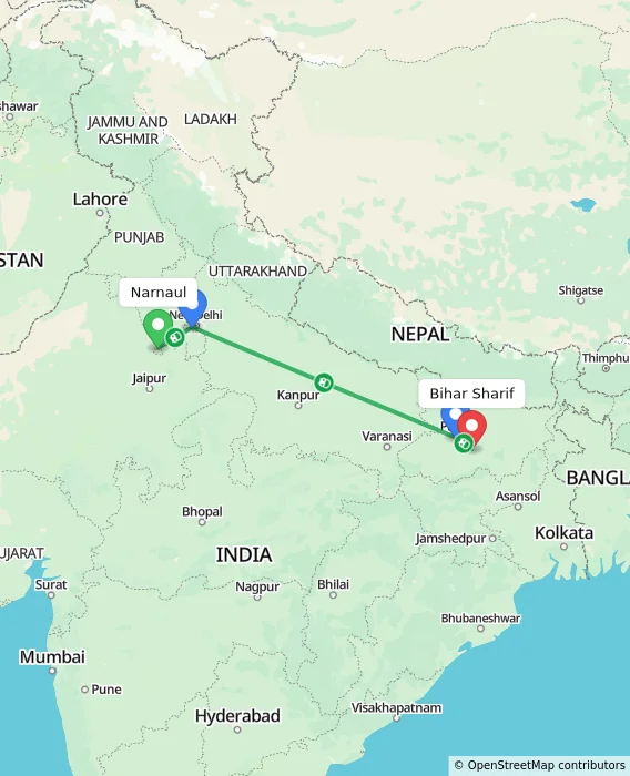Route map showing distance and travel time from Narnaul, India to Bihar Sharif, India