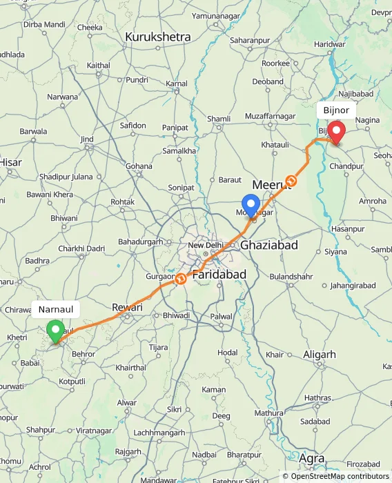 Route map showing distance and travel time from Narnaul, India to Bijnor, India
