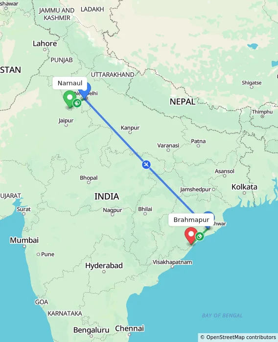 Route map showing distance and travel time from Narnaul, India to Brahmapur, India