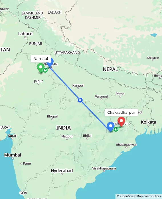 Route map showing distance and travel time from Narnaul, India to Chakradharpur, India